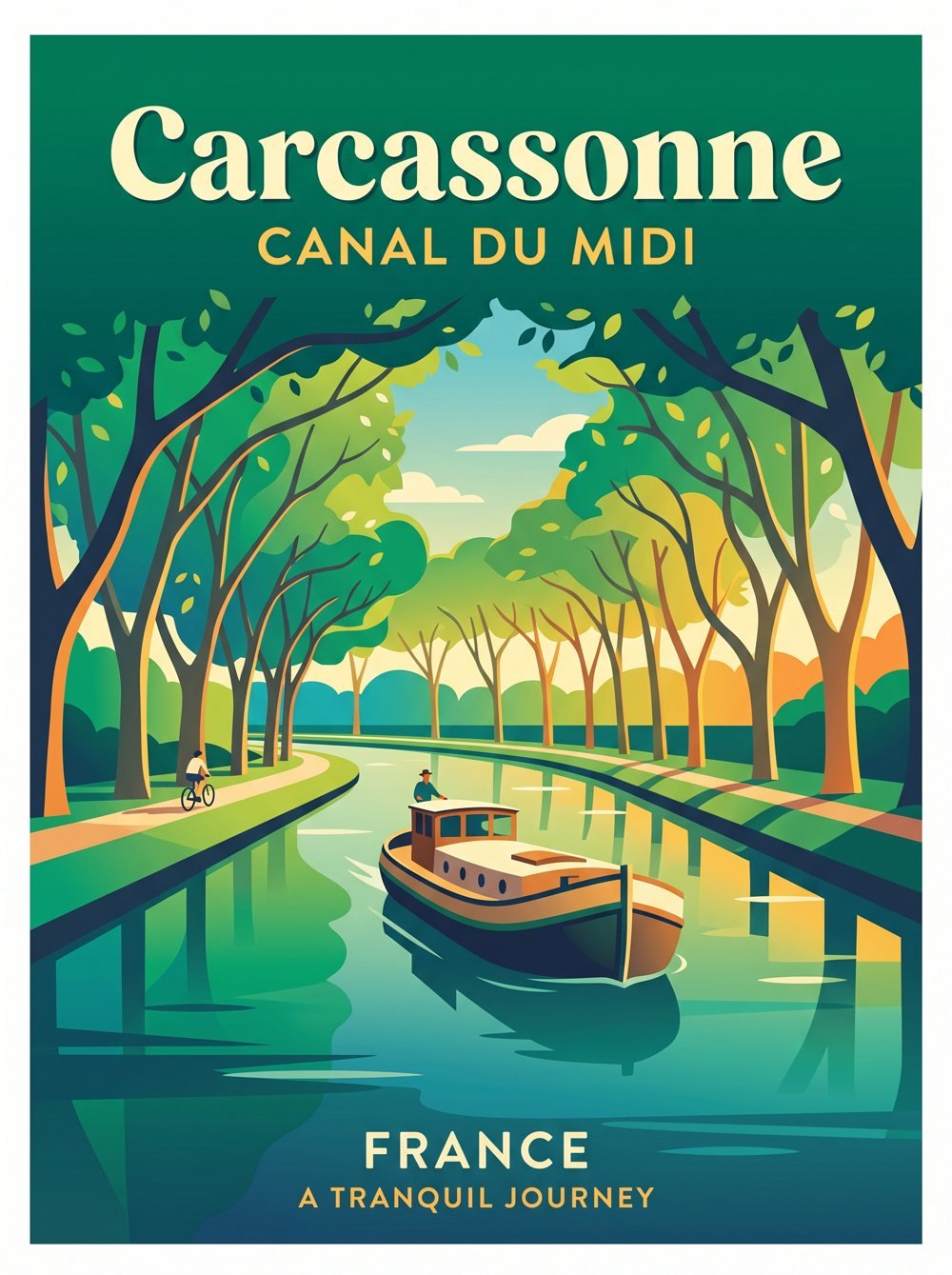 Travel poster illustration of a barge on the tree-lined Canal du Midi near Carcassonne