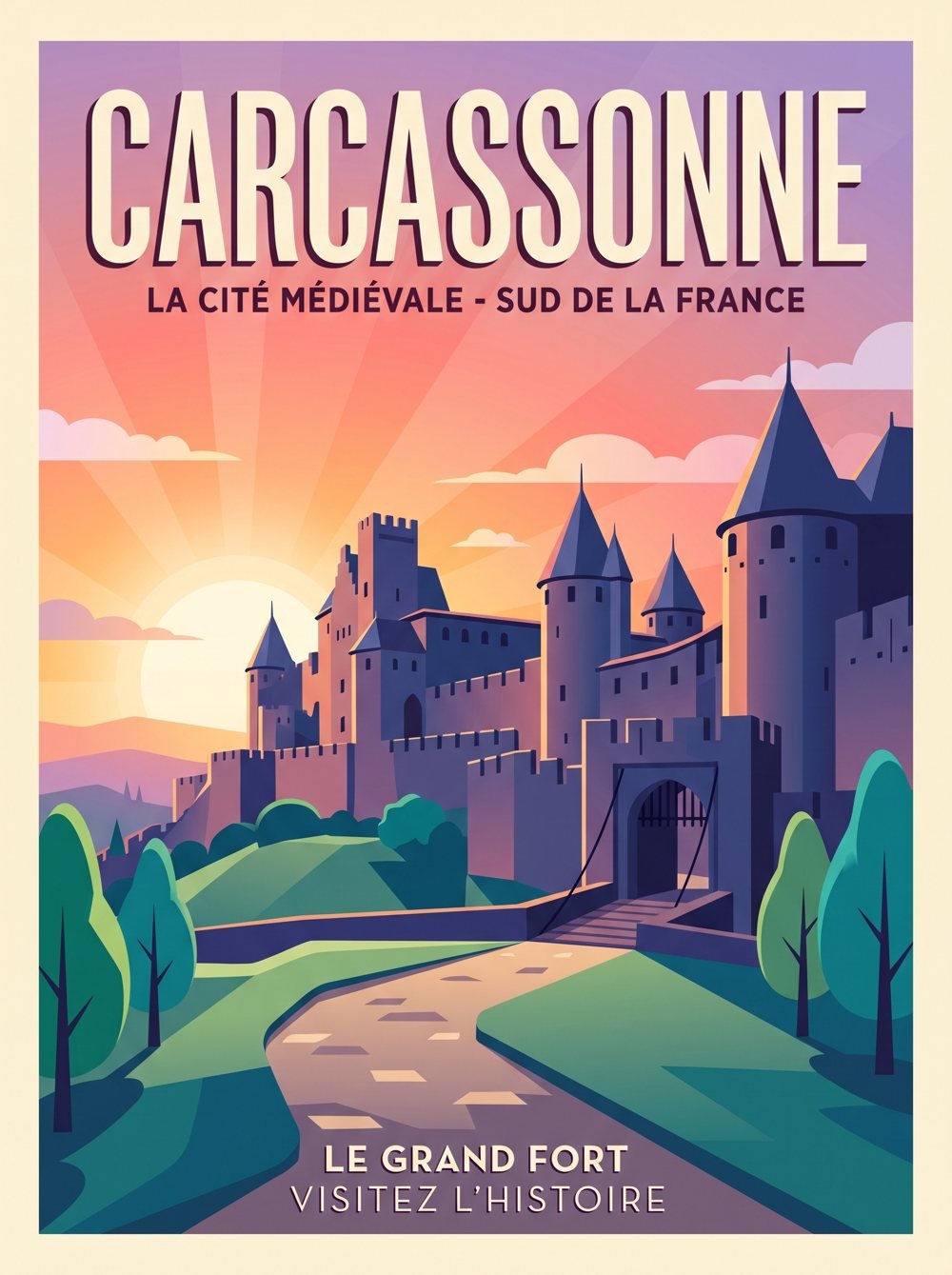 Travel poster illustration of the medieval walled city of Carcassonne at sunset, its towers and ramparts above a river valley